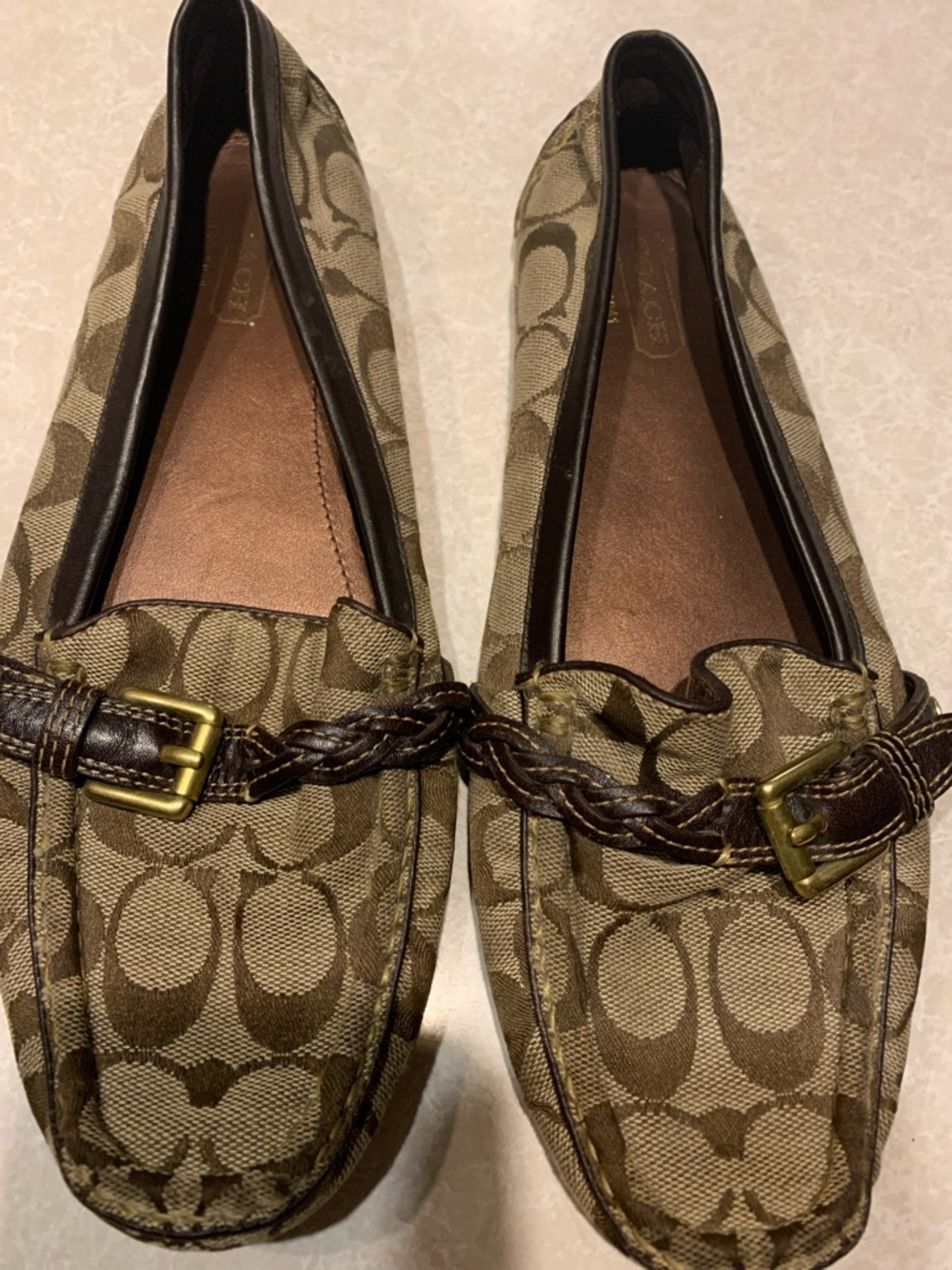 Coach Khaki and Brown Signature Canvas Braided Loafers Size 9.5